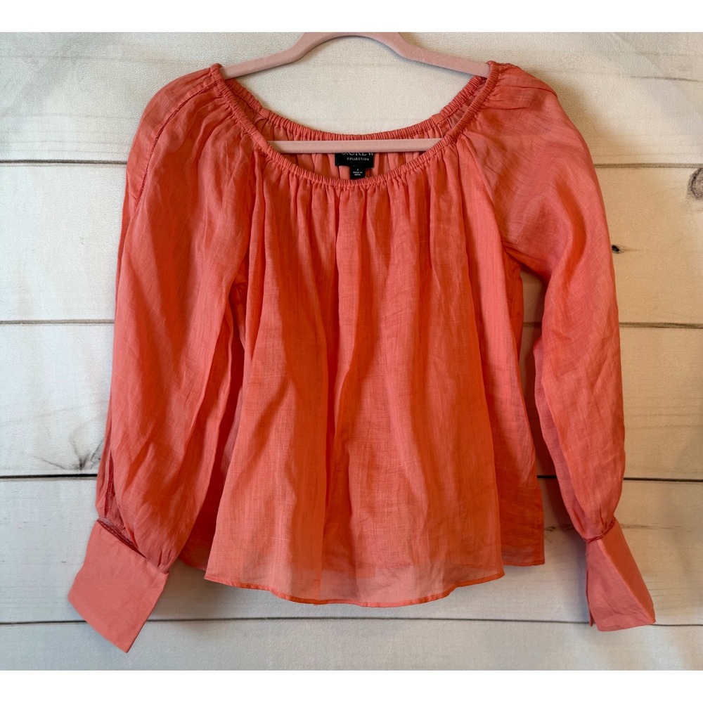 J.Crew Collection Coral Orange Ramie Peasant Blouse Lace Trim Long Sleeve Small